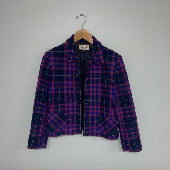 Charme Vintage 2-Piece Set Size 6 US Petite Pink Blue Plaid Wool Skirt Blazer - Picture 3 of 11
